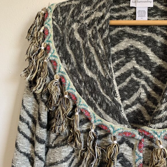 Soft Surroundings Zebra Print Cardigan Size XS Fringe Oversized Boho Mob Wife - Picture 6 of 12